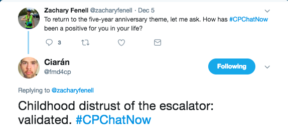 Ciran tweets about a positive of his childhood distrust of the escalator validated