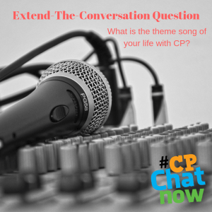 Extend-the-conversation question in red with What is the theme song of your life with CP? in red as well. There is a black and white picture of a microphone with some knobs.