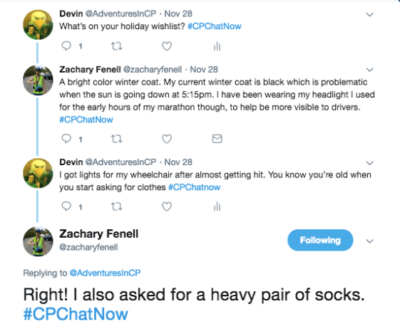 Zach and Devin tweeted about holiday wish lists. Zach tweeted about a bright winter coat so people can see him and I shared I recently bought lights for my wheelchair