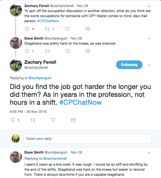 Zach and Dave tweet about bad occupations for people with CP. Dave tweets about stagehand and line cook being difficult on the knees