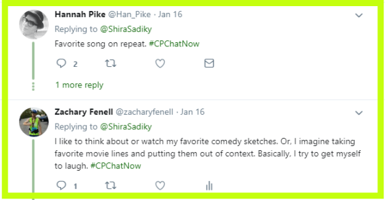 Hannah and Zachary cheer up by respectively listening to music and watching comedy.