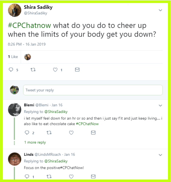 CPChatNow participant Shira seeks advice for cheering up when body limits get you down.