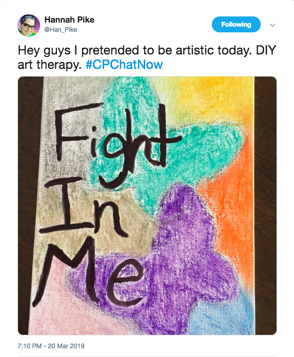 Hannah tweeted her artistic side. She created a drawing that said, "Fight in me' with a teal and purple butterfly. there is gray, pink, orange, and yellow.