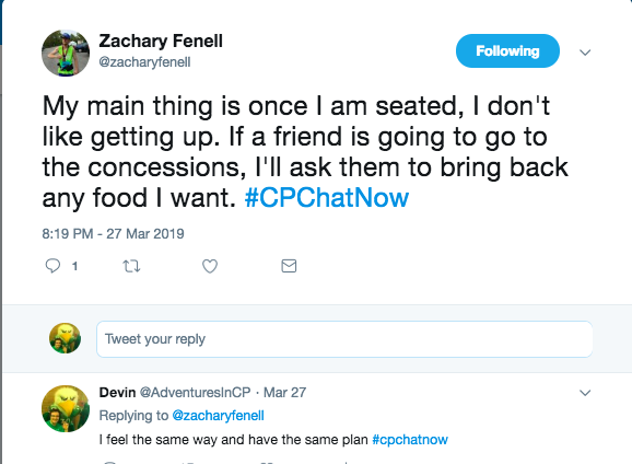 zach said once he is seated he does not get up and relies on friends to get food. I tweeted this was my same plan.