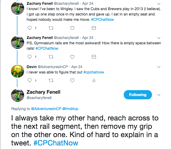zach tweeted he has been to wrigley and saw the cubs and brewers play in 2013 when he only went up one steps. zach also lamented the gap between gymnasium rails and the strategy he uses to move to the next rail