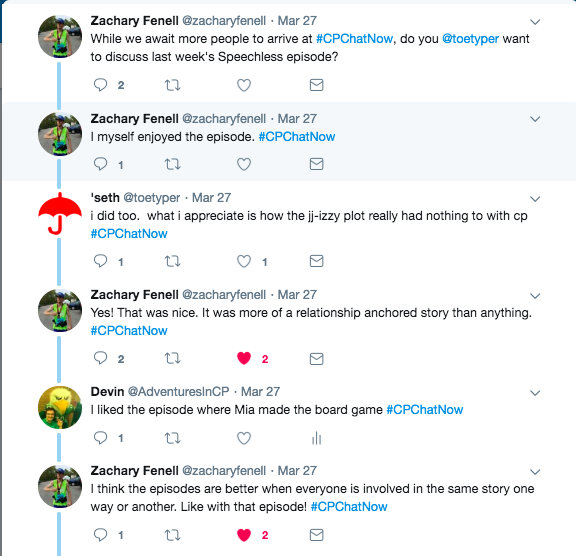 Zach and seth tweeted about their enjoyment of the most recent episode of speechless. i shared I liked when Maya made the board game. zach tweeted he likes when everyone is involved