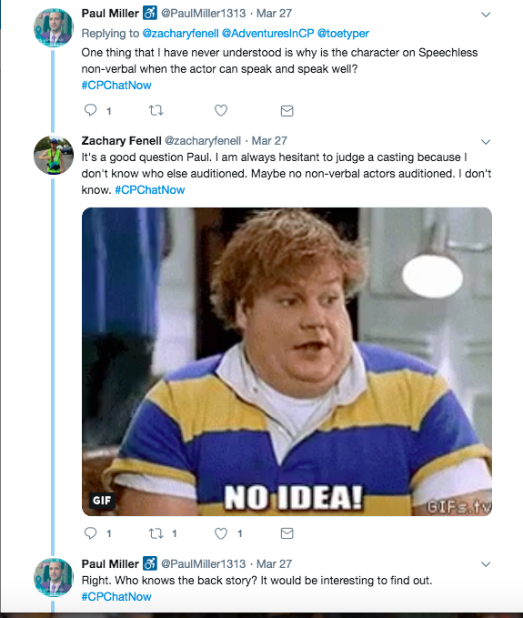 paul asks why JJ is non-verbal while the actor is verbal. zach said no idea with a chris farley gif 