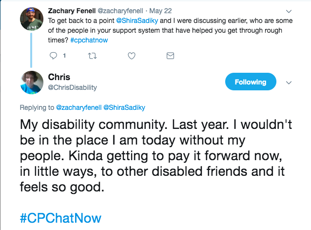 chris shared she gets support from her disability community and she is trying to pay it forward