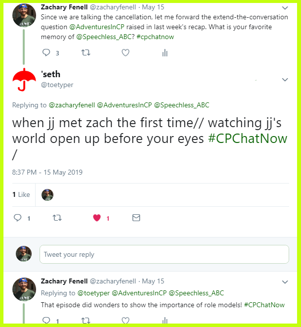 #CPChatNow participants discuss their favorite Speechless memories. 