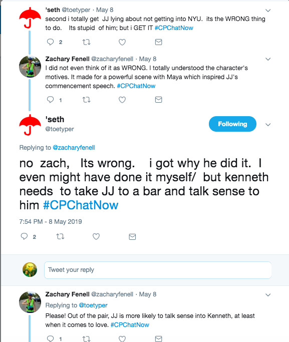 seth tweeted he got why jj lied about getting into NYU, zach said he understood the character's motives and that it inspired his graduation speech, seth tweeted he felt it is wrong 