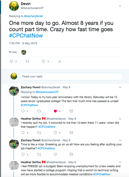 i tweeted about spending 8 years at my job, zach tweeted it is his two year anniversary at the library, heather recently quit her job of 11 years to start school