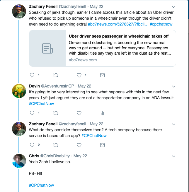 zach shares an uber driver refused to pick a wheelchair user, i shared lyft said they are not a transportation company in an ADA lawsuit, chris confirmed they consider themselves a tax company 