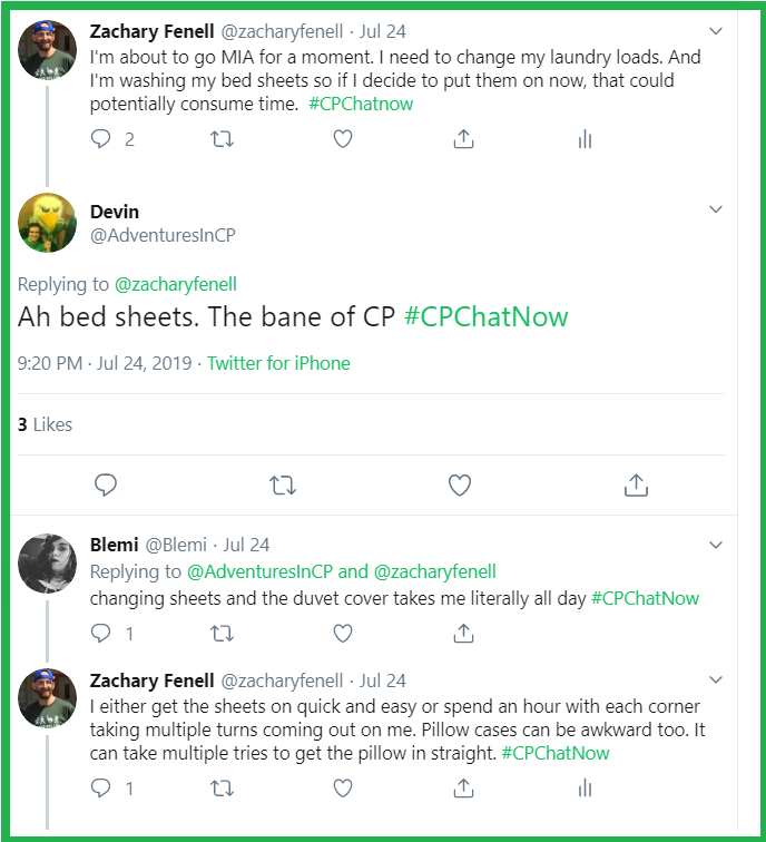 Participants in #CPChatNow discuss changing bedding. 