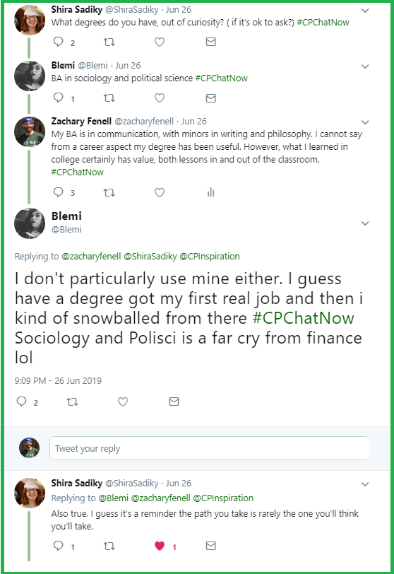 #CPChatNow participants discuss the usefulness of their respective college degrees. 