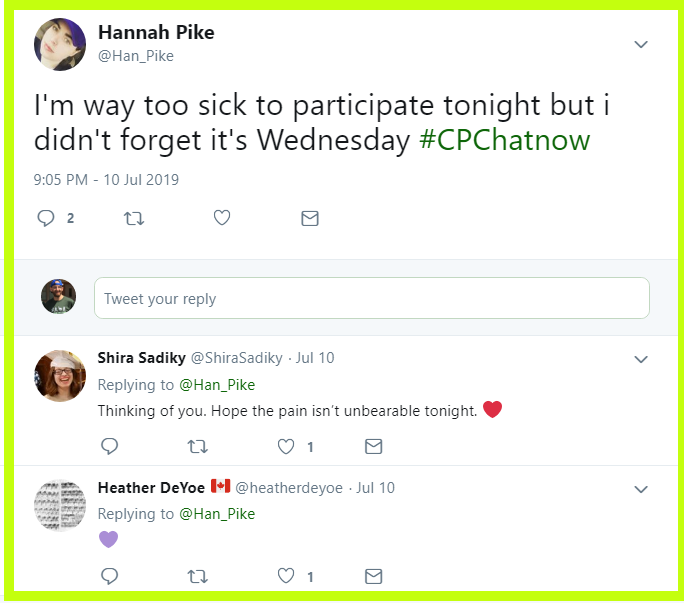 #CPChatNow community members provide emotional support to long-time chat regular Hannah.
