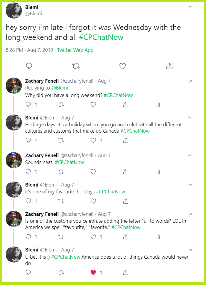 #CPChatNow participants discuss the Canadian holiday Heritage Days.