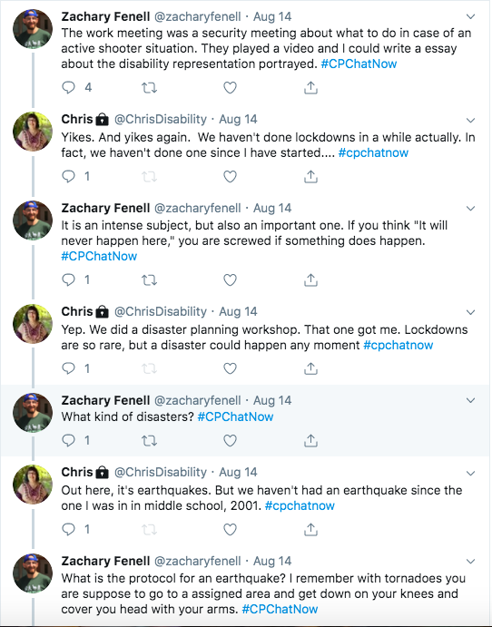 Zach had a security meeting at work with problematic representation about those with disabilities in an active shooter situation.  Chris tweets about experiencing similar things and disaster planning for earthquakes