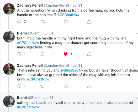 Zach asked if members held the coffee mug handle or cup.  Blemi and Shira responded they handle the both the handle and the mug. blemi said she doesn't take chances after spilling hot liquids