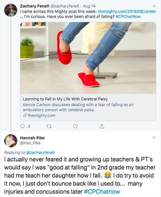 Zach asks if members have been afraid to fall. Hannah tweeted she never feared it and she taught a teacher's daughter how to fall