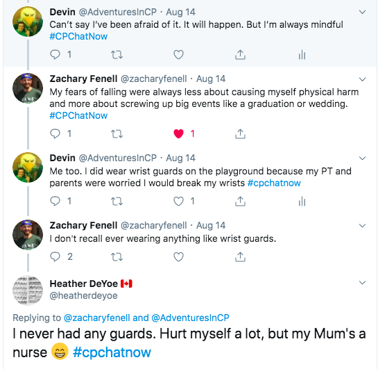 Devin tweets he's not afraid, but mindful, zach tweets his fears are screwing up big events, I tweet that I wore wrist guards on the playground. Heather tweeted she did not, but her mom is a nurse.