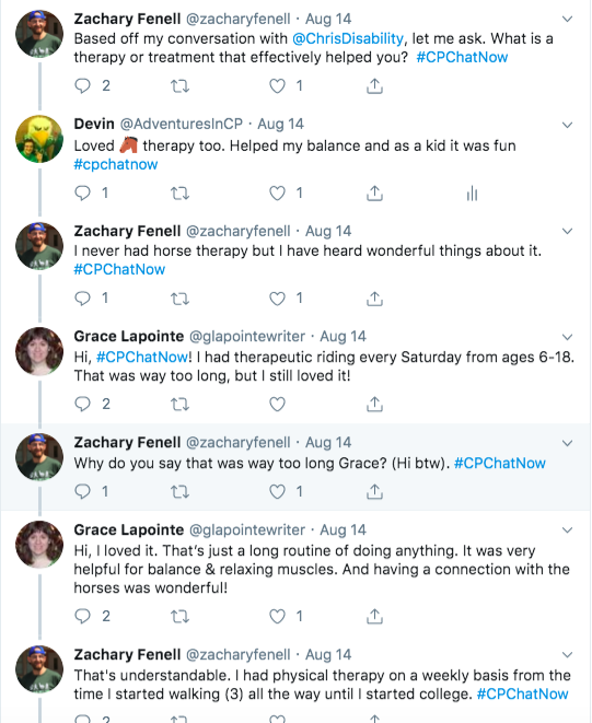 Zach tweets and asks about a therapy that helped you. I tweeted I loved horse therapy and Grace tweeted she had it from 6-18. Zach tweets he had PT on a weekly basis from 3 until starting college.