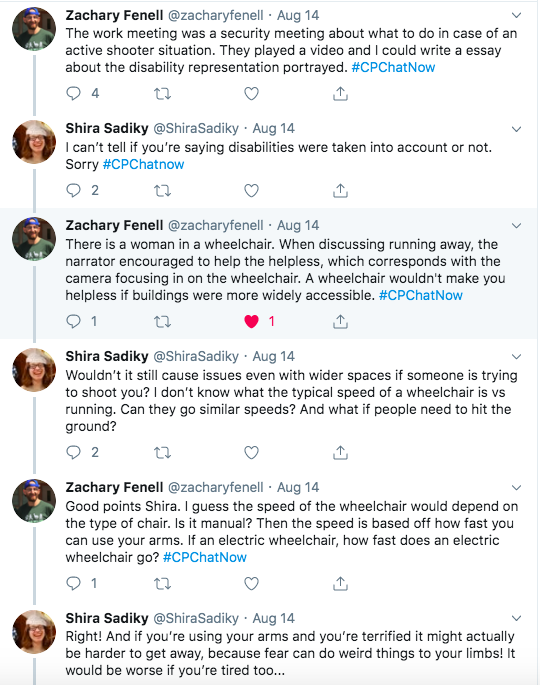 Zach and Shira tweet about the active shooter preparation video with Zach expressing dismay about the portrayal of wheelchair users.  Zach and Shira tweeted about how you might experience issues with speed if you are trying to escape an active shooter situation in a wheelchair