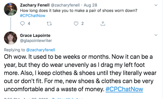 Grace tweets her shoes can wear down in weeks or month, but it can be a year. She tweets her left shoe can wear out faster.
