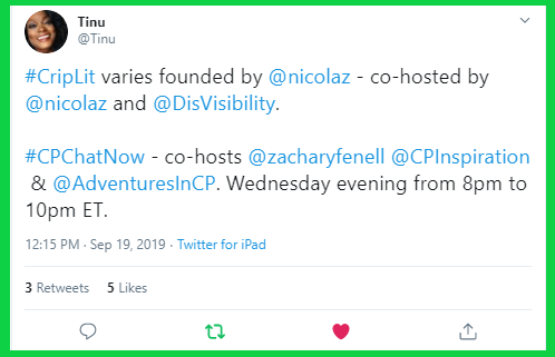 Tinu tweets out about disability related Twitter chats, including #CPChatNow!
