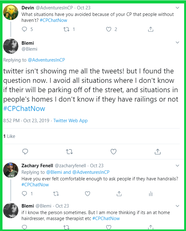 Blemi tries avoiding situations where she doesn't know if there will be parking off the street. Plus scenarios in people's homes where she doesn't know if they have railings. 