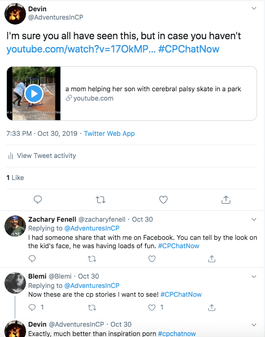 i tweeted the video of the mom helping her kid with cp skate at the skate park. Zach and blemi expressed excitement about the story with me saying it was better than inspiration porn 