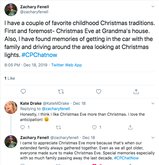 zach asked about christmas traditions. he tweeted about christmas eve at grandma's and getting in the car to look at christmas lights. kate tweets about liking christmas eve more than christmas. zach tweeted christmas eve is when his extended family got together 