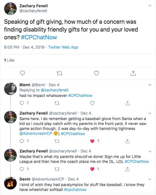 Blemi tweeted disability had no impact on her gift giving. Zach said he got a baseball glove, but never did play baseball. I tweeted I was there was paralympics for baseball.