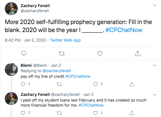 Zach asks what members hope to accomplish in 2020. Blemi tweets about paying off her line of credit. Zach tweets about paying off his student loans.