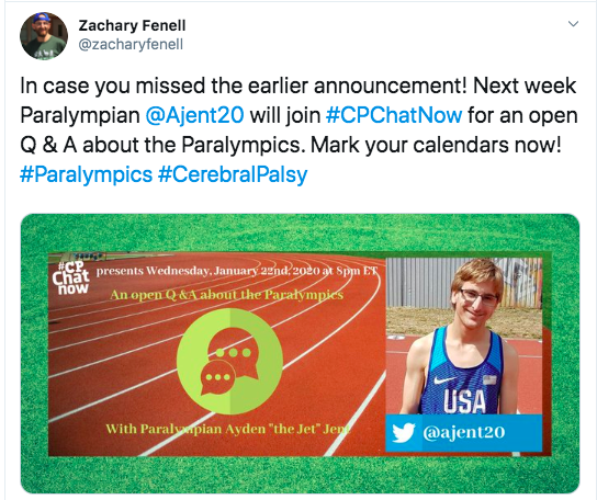 Zach announces a focus chat on 1/22 with Ayden Jent about the Paralympics