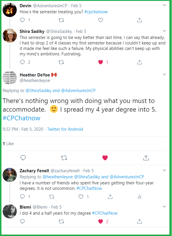 Members in the #CPChatNow community encourage Shira about needing five years to complete a four-year degree. 