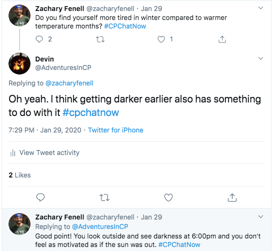 Zach asked if members get mored tired in winter. I tweeted that I do and I also believe it has something to do with it getting darker earlier. Zach tweets about the darkness sapping his motivation. 