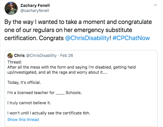 zach congratulates chris on obtaining her teacher's certificate 