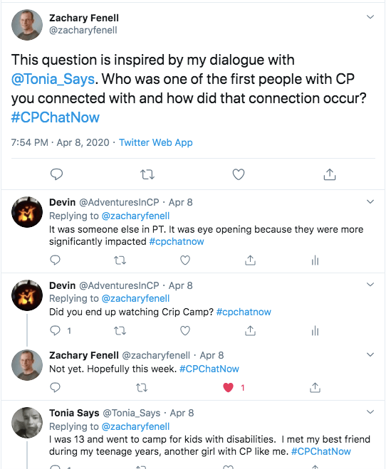 zach asks about our first connection with somone with cp. i tweeted about a person in physical therapy. Tonia tweeted about a girl she met at camp for kids with disabilities at 13. 