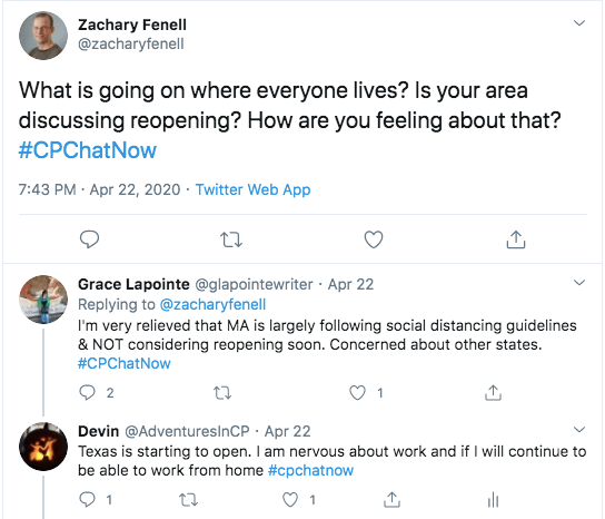 Zach asks where each member's area is on reopening. Grace tweets she is relieved Massachusetts is following guidelines and not considering reopening. I tweeted I am nervous that Texas is starting to open. I am nervous about going back to work and am nervous if I will continue to be able to work from home.  