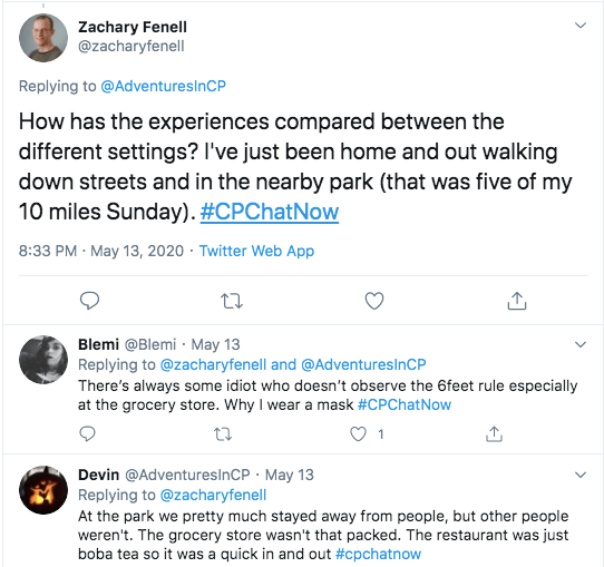 zach asked about social distancing in different settings stating he has only been walking down streets and in a park. blemi tweets that she wears a mask because people don't observe the 6 foot rule, i tweeted we stayed away from people at the park but others didn't, the grocery store wasn't that packed, and the fast food restaurant was in and out