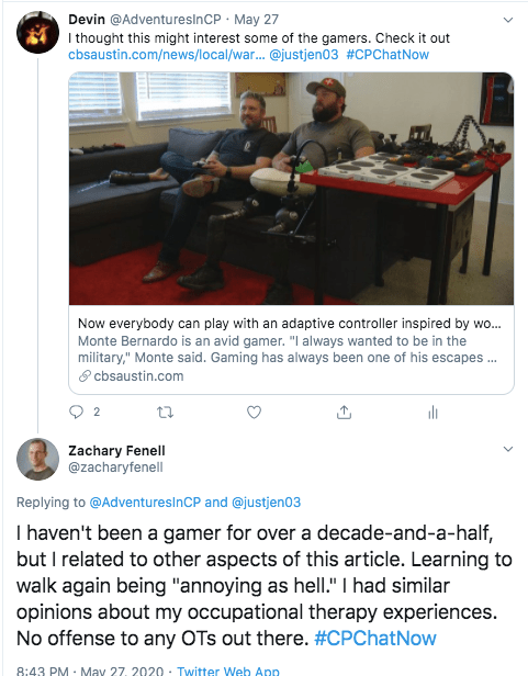 i tweeted a story about an adaptive gaming controller. zach tweeted he is not a gamer, but related to something being annoying as hell like OT