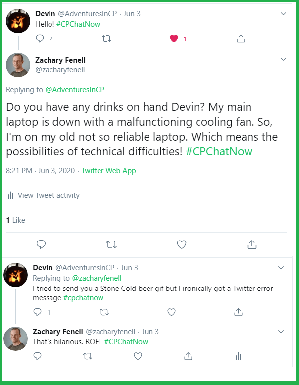 Zachary and Devin share a laugh over humor from #CPChatNow's past.