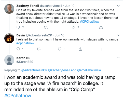 zach tweets about a favorite scene from the season 2 finale when an award show director discovered there was not a ramp. i tweeted about accepting an award in the same situation. karen tweets she won an award in college and was told a ramp would be a fire hazard.