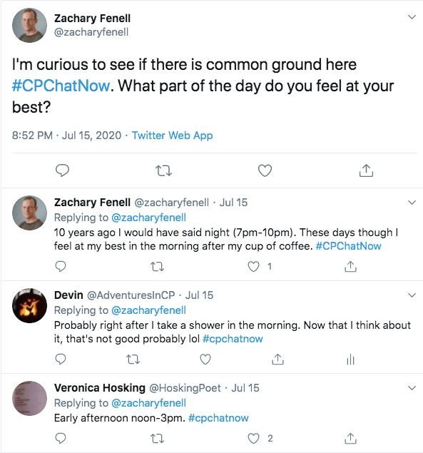 zach asked what part of the day people feel their best at. zach tweets he would've said 7-10 pm in college, but now he said in the morning. i tweeted right after i take a shower, veronica tweeted in the early afternoon. 