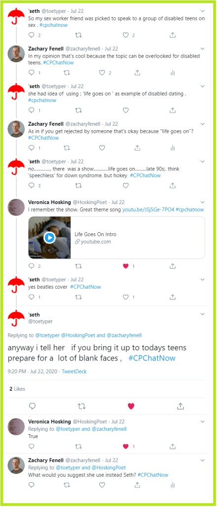 #CPChatNow participants discuss subjects related to disability dating and sex. 