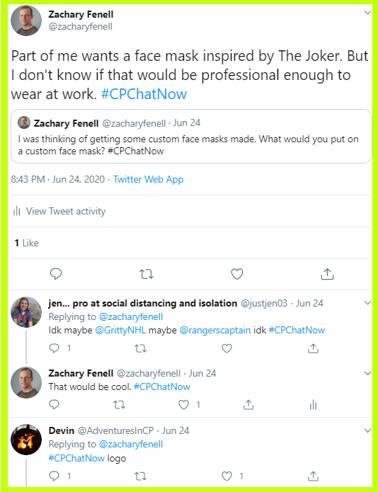#CPChatNow participants discuss customizing face masks. 