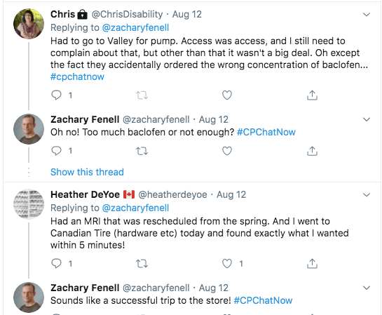 chris tweeted she got her bacolfen pump refilled. heather tweeted she got an MRI that is rescheduled and she found what she needed at canadian tire 