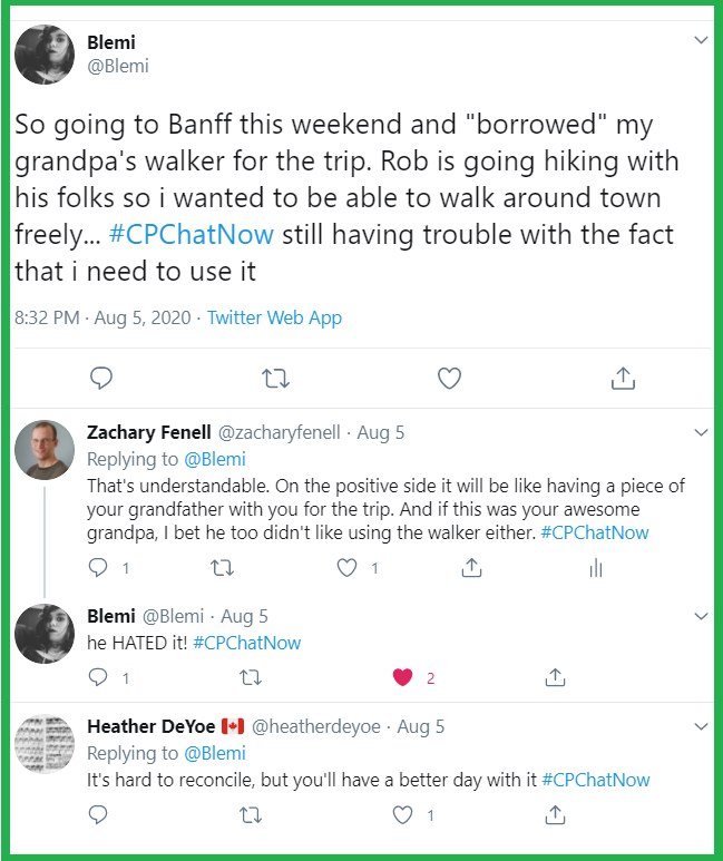 Blemi discusses feeling troubled about needing to use her grandfather's walker to move around independently. 