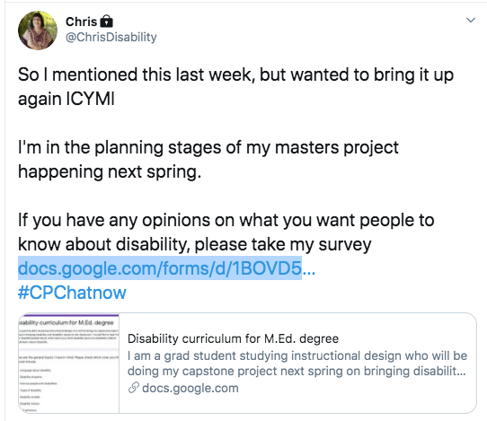 chris developed a survey for her masters project about what students should know about disability 