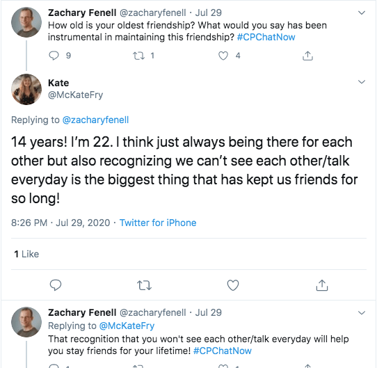 zach asks what is member's oldest friendships and the keys to maintaining it. kate tweeted she has a friendship of 14 years and she is 22. she thinks the key is being there for each other, but recognizing they can't talk everyday. 